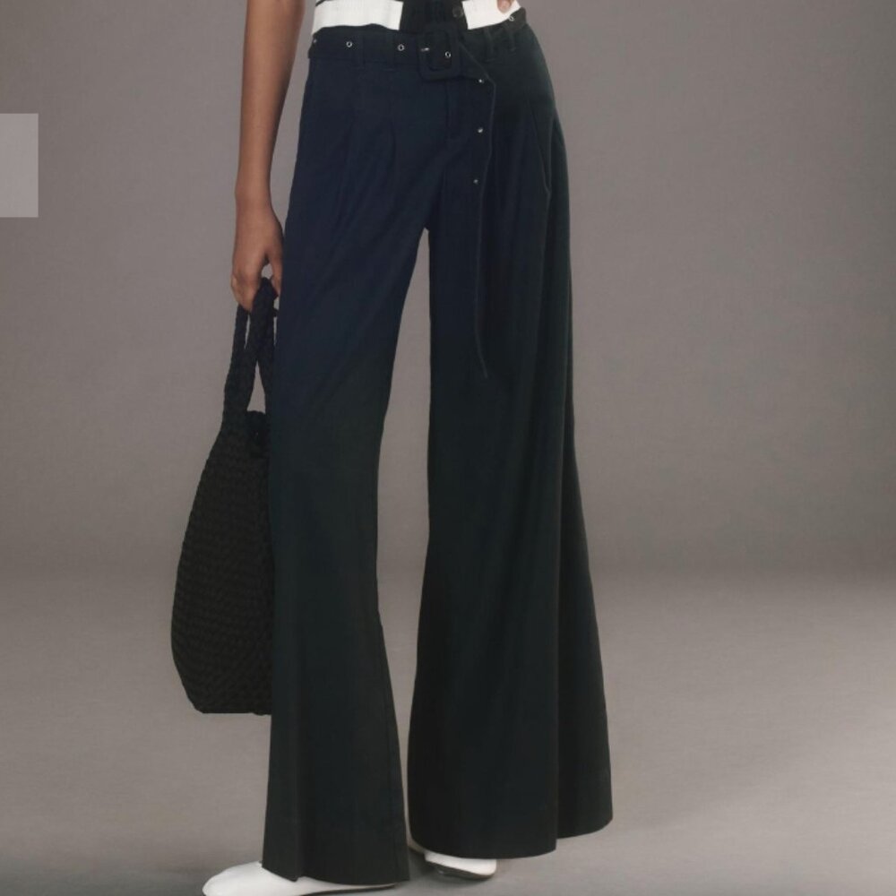 NWT By Anthropologie Linen Belted Wide-Leg Pants in Navy, Size 2